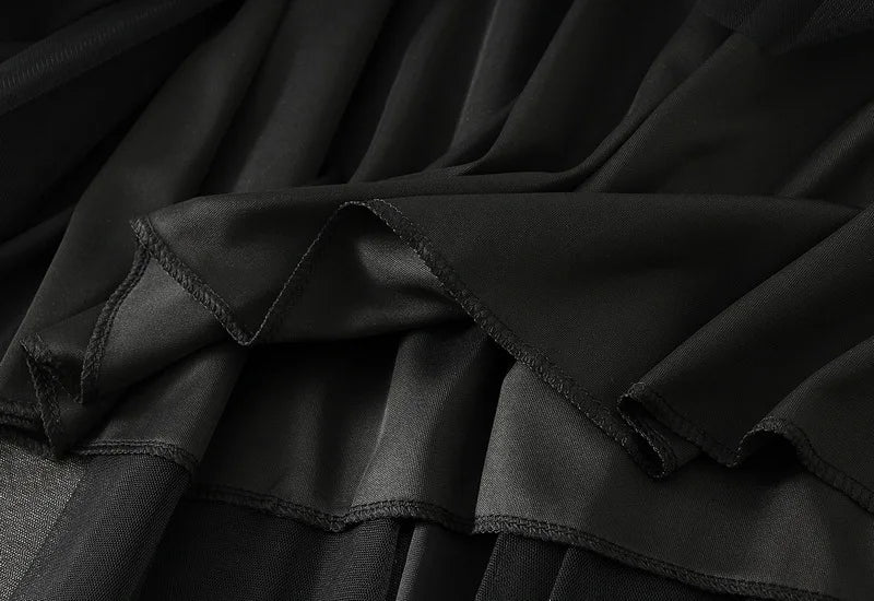 2025 Autumn Winter Velvet Mesh Patchwork Midi Skirts Women Korean Style Casual High Waist Elegant Long Skirts