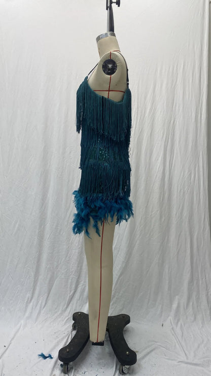 Summer Fashion Elegant Tassel Sequin Dress Women's Sexy Slim Sleeveless V-neck High Waist Suspender Feather Stitching Dresses