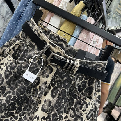 Vintage Broken Holes American-style Denim Shorts Women Casual High Waist Sexy leopard print Female Summer Baggy wide-legged hot