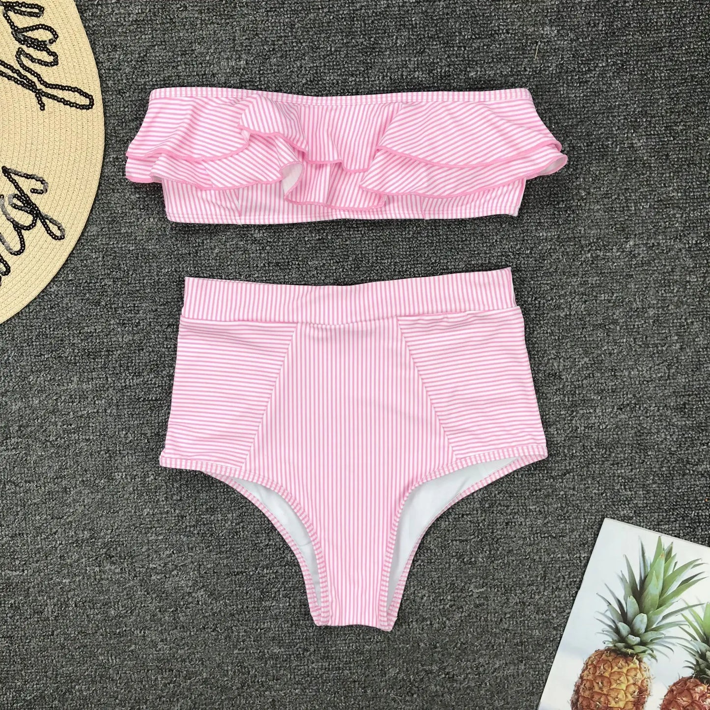 Cikini-Women's Split Swimming Suit, Irregular Striped, Lotus Leaf Edge, High Waist Bikini, Swimming Suit