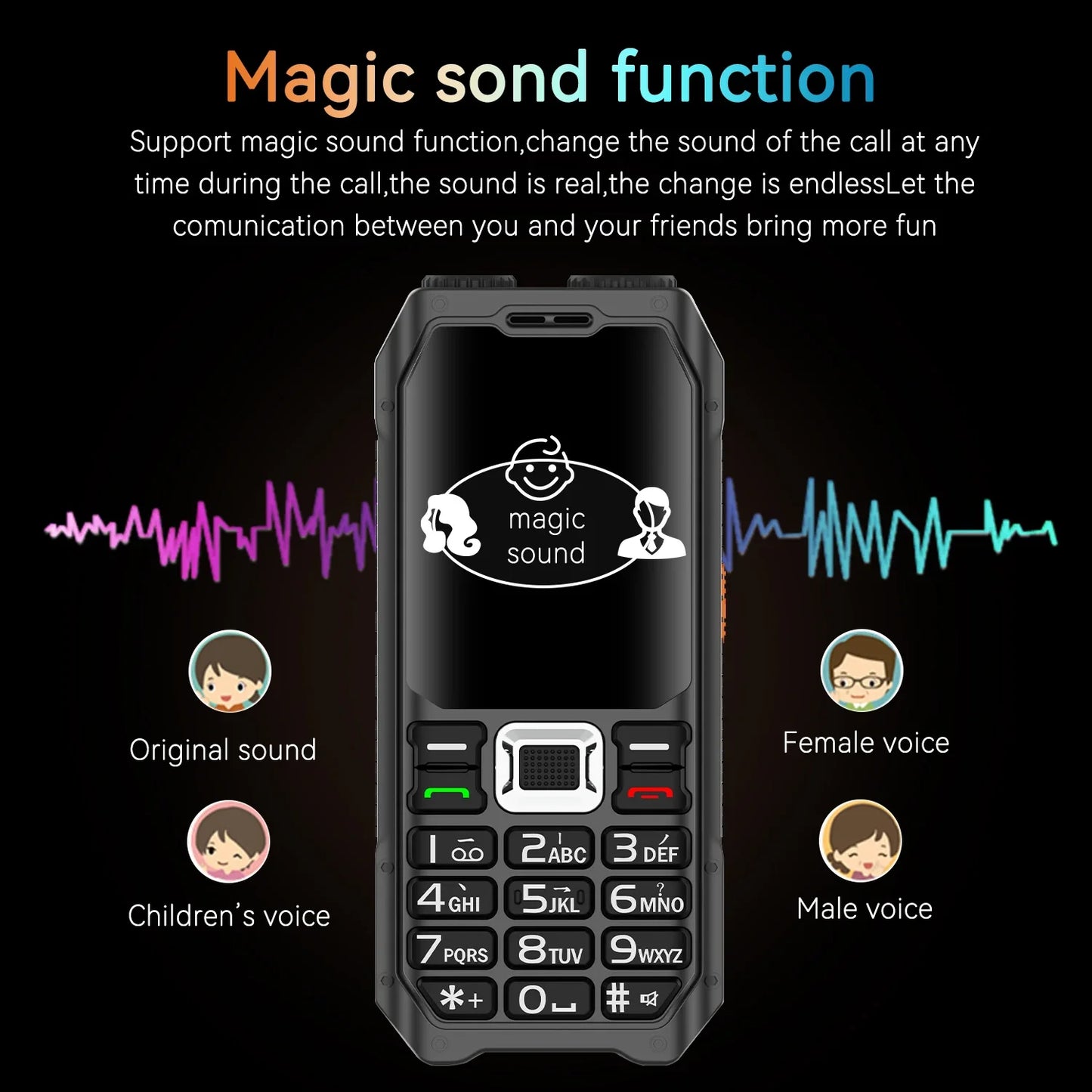 Rugged Outdoor Mobile Phone 4 Quad Sim Voice Changer Dual Torch Loudspeaker Large Button Powerbank Large Battery SOS Call Mobile
