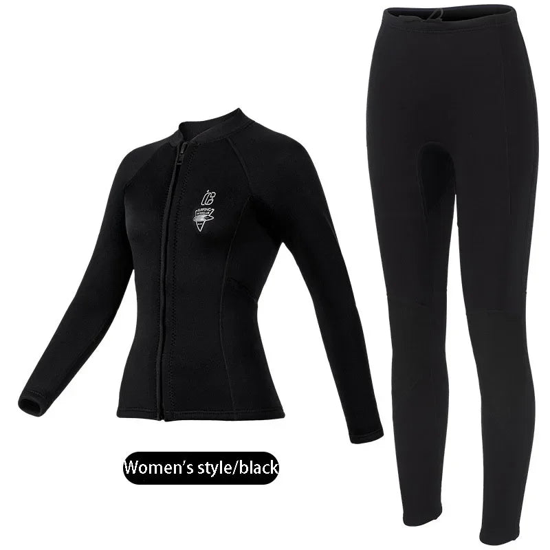 Women's 3mm Two-Piece Diving Suit Long Sleeve Coldproof Wetsuit Top Pants for Snorkeling Surfing Swimming