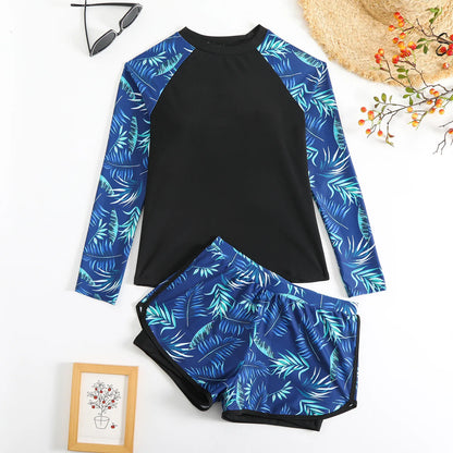 New 2026 Women's Vintage Print Swimsuit Rash Guards Long Sleeve Swimwear Surfing Sports Pool Swimming Suit Two-Piece Bath Suits