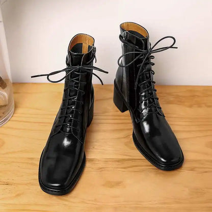 Krazing Pot 2025 Hot Sale Genuine Leather Square Toe Chelsea Boots High Heels Winter Season Lace Up Superstar Ins Ankle Boots