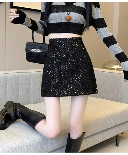Fashion Y2K Streetwear Winter Mini Skirt Women Glitter Sequin Bodycon Tweed Skirts With Shorts A-Line Pink White Black Faldas