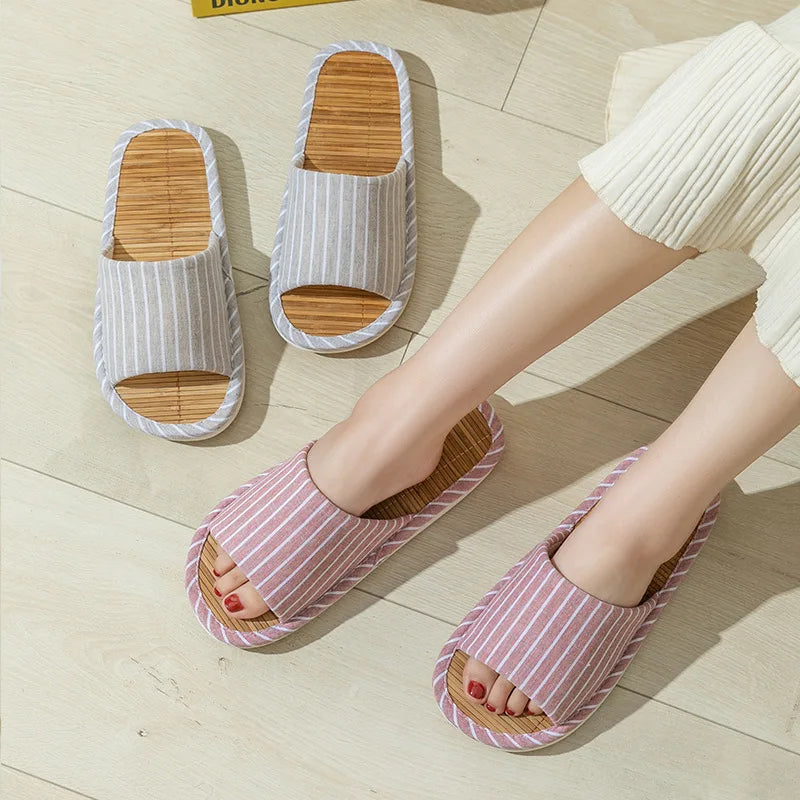 Striped Slippers Bamboo Women Autumn Home Couples Indoor House Non Slip Funny Sandals Shoes Male Soft Flat Summer For Tatami