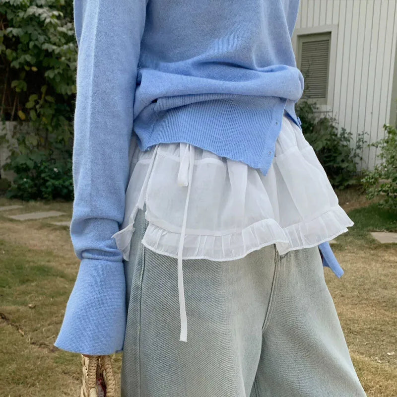 Plus size Spring All-Match French Lace Strap Design Fashion Pleated Skirt Fart Curtain Skirt Ruffle Trim Belted A- Line Skirt