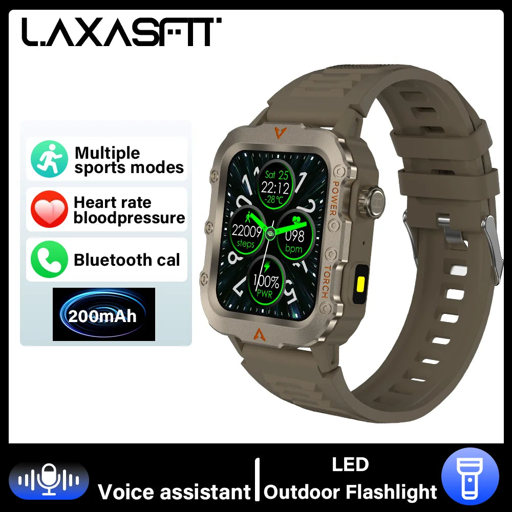 LAXASFIT 2025 New Smart Watch Men's Outdoor Watch 1.85 inch Voice Assistant Bluetooth Call with LED Flashlight Smart Watch