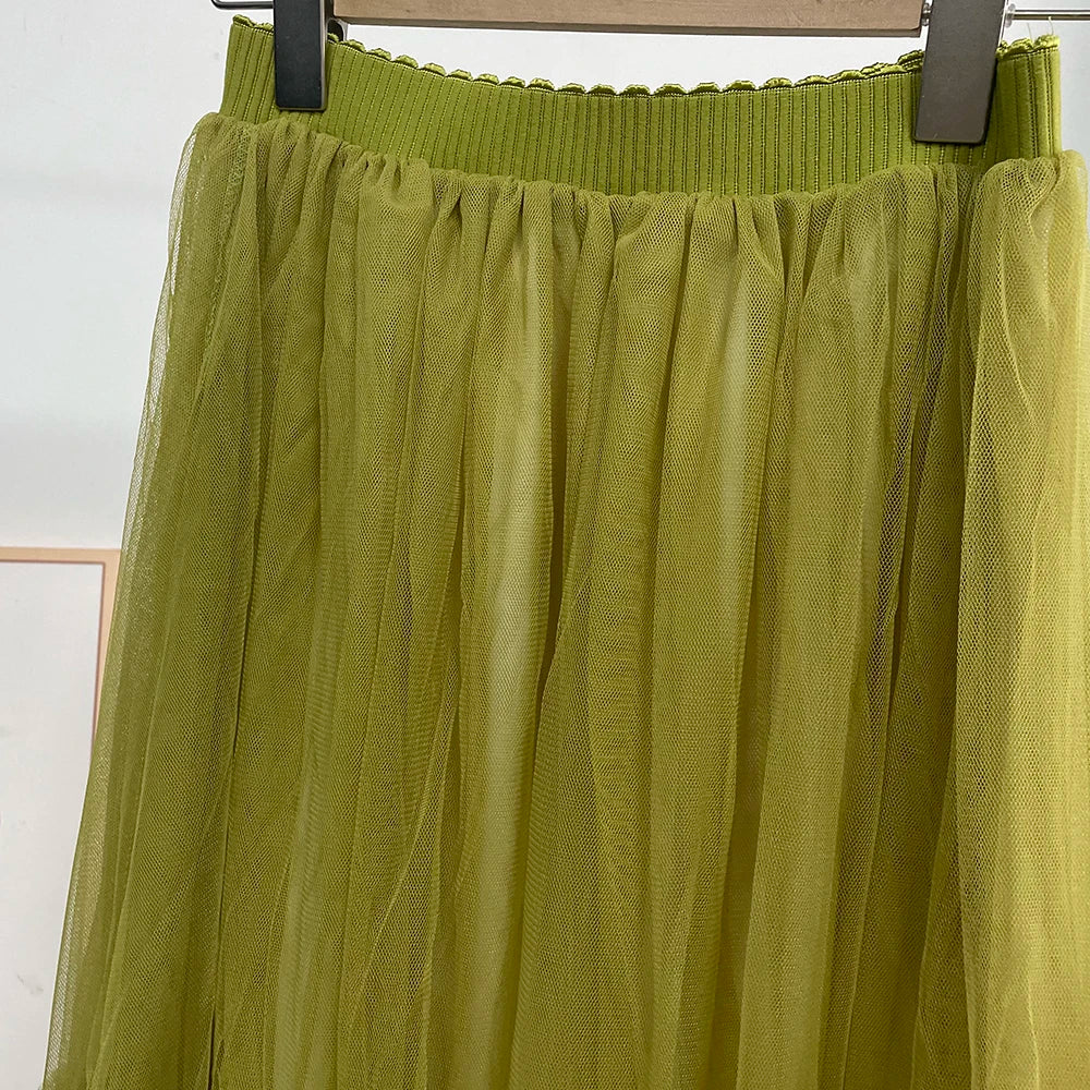 Hirsionsan Pleated Cake Skirts Women 2024 New Korean Harajuku Sweet Lace Skirt Ladies Elegant Party Ball Gown Female Mesh Skirt