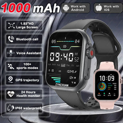 1000 mAh Smart Watch Men Women 1.85-Inch AMOLED GPS 100+Sports Mode Watches Heart Rate Bluetooth Call IP68 Waterproof Smartwatch