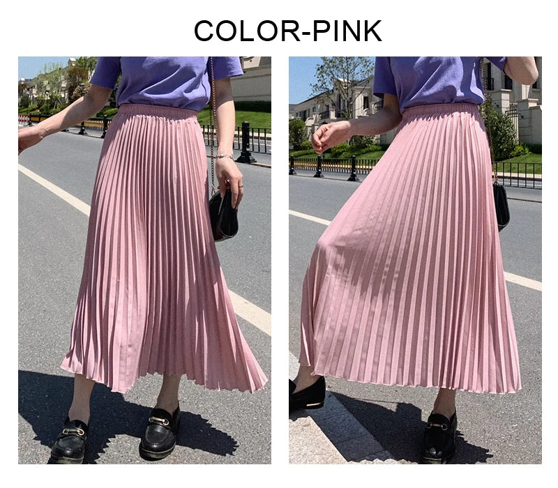 Womens Chic Pleated Swing Long Skirt with Liner Korean Fashion Kawaii Elastic High Waist OL Chiffon Shirring Mermaid Skirts K77