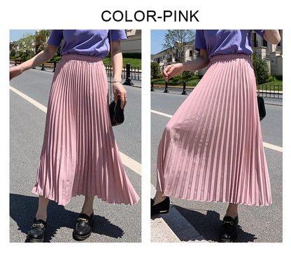 Womens Chic Pleated Swing Long Skirt with Liner Korean Fashion Kawaii Elastic High Waist OL Chiffon Shirring Mermaid Skirts K77