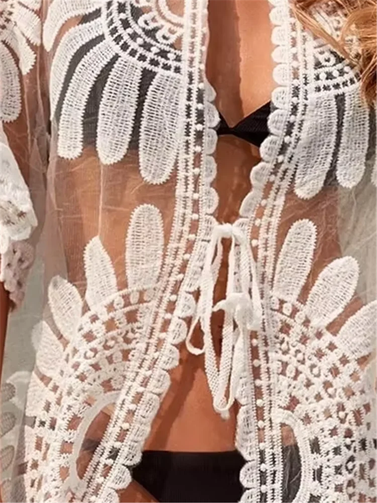 2025 Beach Cover Up For Swimwear Women Swimsuit Cover-up Beachwear White Mesh Cardigan Ups Outfits Bathing Suit Summer Dress
