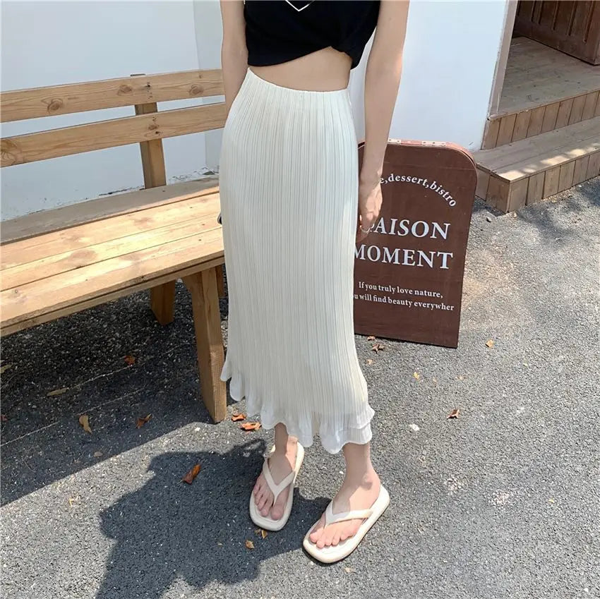 Summer New Fashion Solid Spring Wrapped Hip Fishtail Skirt Women Patchwork Elastic Waist Elegant Gentle Mid Length A-line Skirts