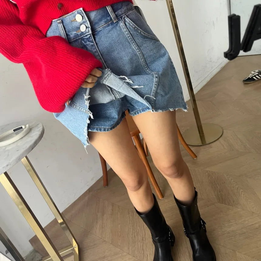 Chic High Waist A-Line  Skirt Women's Jeans ort Skirt Spring Vintage Slimming Splicing Hemming Girl's Faion Commute