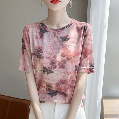 Spring And Summer New Lyocell Short Sleeve Sweater Loose Thin Half Sleeve T-shirt Printed Top