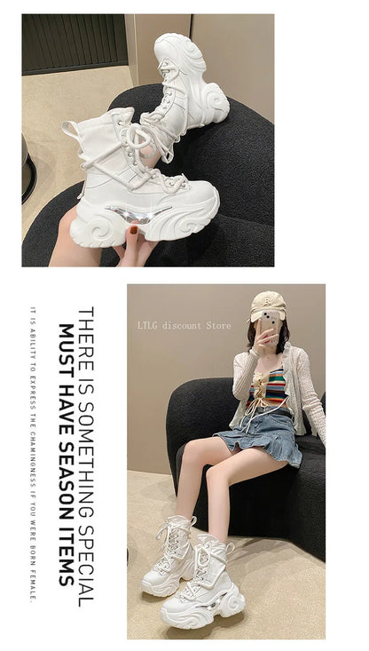Women's Pink Boots Platform New in  Calf High Boot Woman Winter Girl's Ankle Bootie White Sneakers Trends 2023 Cross Strap Bling