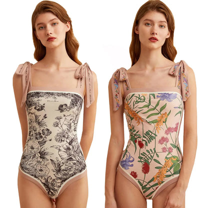 Y2K Fashion Women Floral One Piece Swimsuits Reversible Tie Shoulder Monokini Tummy Control Bathing Suits Square Neck Swimwear
