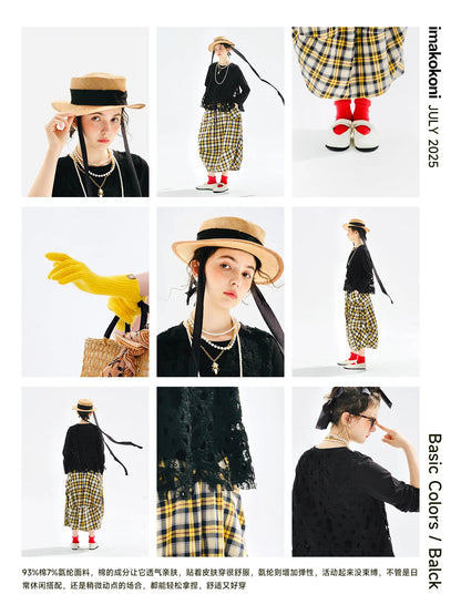 Yellow checkered skirt 2025 imakokoni original autumn Japanese color woven artistic pure cotton lantern skirt for women 255122