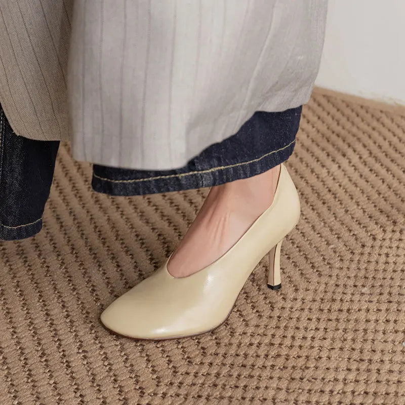 Woman Shoes Sexy Heeled For Retro Pumps French Style Leather Pumps Slip On European Spring High Heels Handmade Vintag Dress Pump