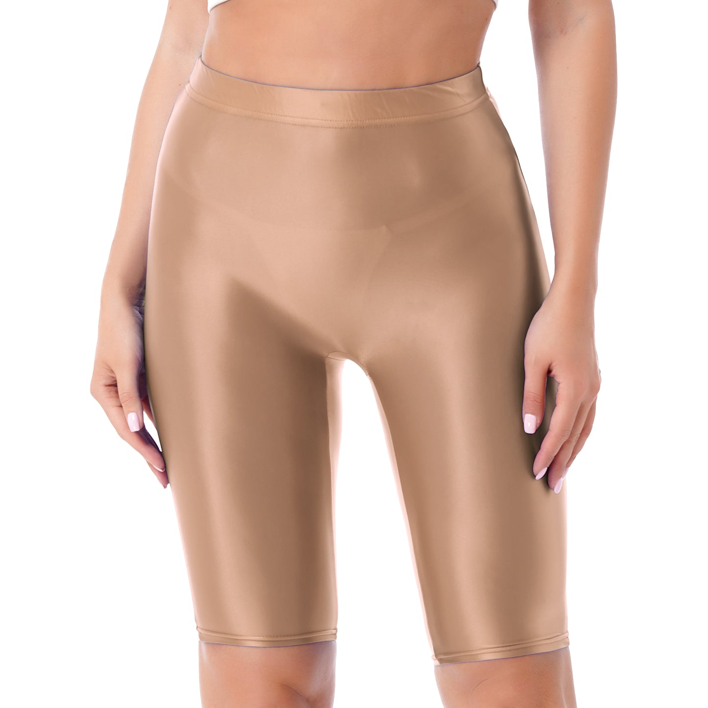 Women Glossy Shorts High Waist Fitness Short Leggings Oil Shiny Knee-Length Tights Swimming Trunks Female Workout Sports Bottoms
