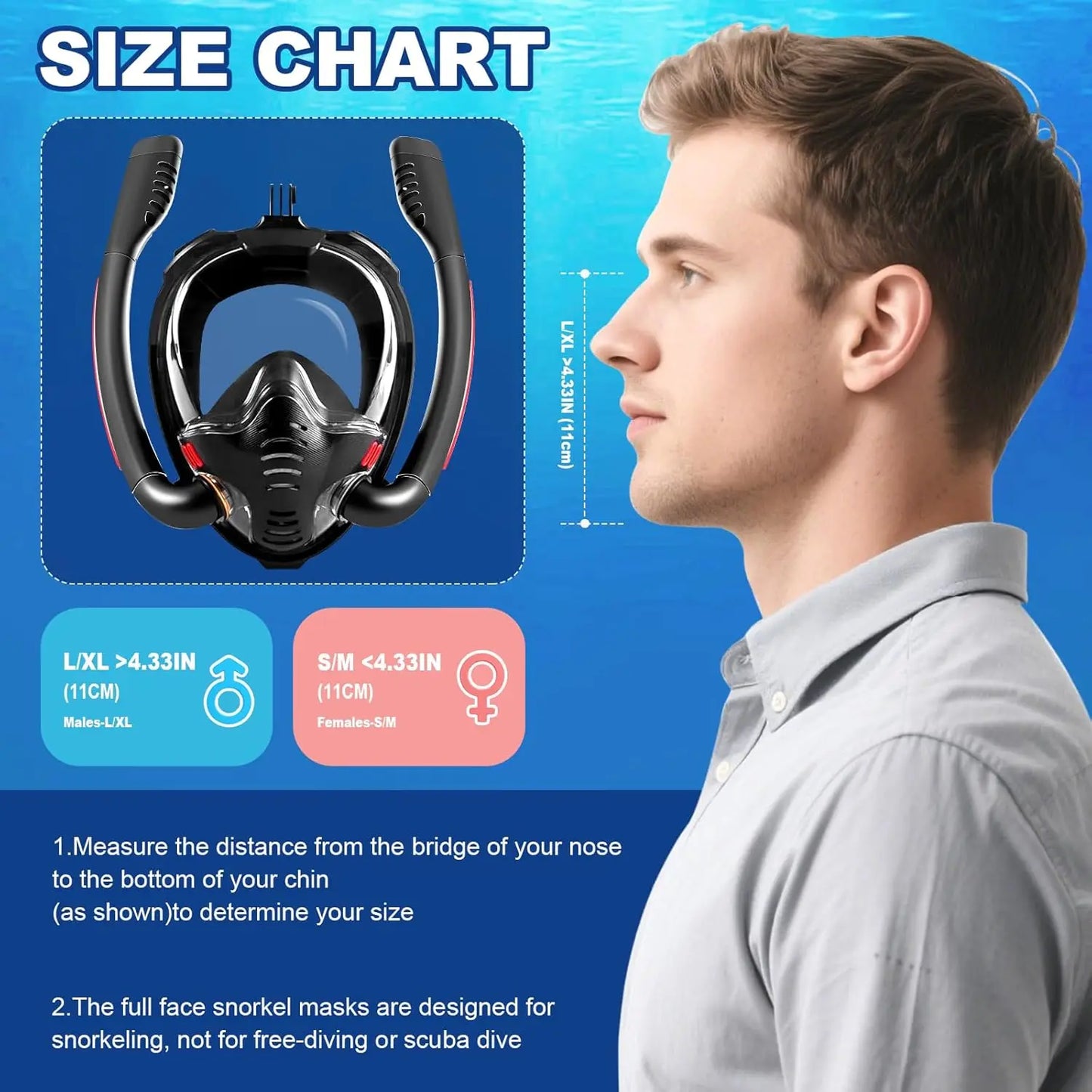Snorkeling Mask Double Tube Silicone Full Dry Diving Mask Adult Swim Mask Diving Goggles Indoor Self Contained Underwater Breath