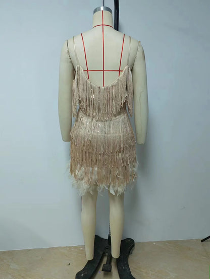 Summer Fashion Elegant Tassel Sequin Dress Women's Sexy Slim Sleeveless V-neck High Waist Suspender Feather Stitching Dresses
