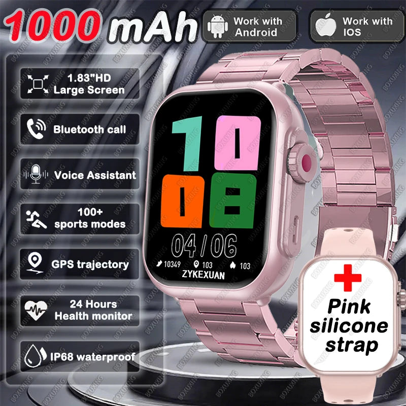 1000 mAh Smart Watch Men Women 1.85-Inch AMOLED GPS 100+Sports Mode Watches Heart Rate Bluetooth Call IP68 Waterproof Smartwatch