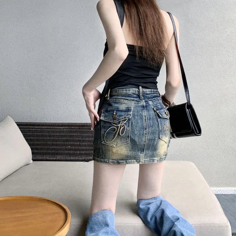 STSVZORR Vintage Embroidery Denim Half Skirt Women's Summer Skirt Water Wash Elastic Wrap Hip Short Skirt