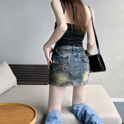 STSVZORR Vintage Embroidery Denim Half Skirt Women's Summer Skirt Water Wash Elastic Wrap Hip Short Skirt