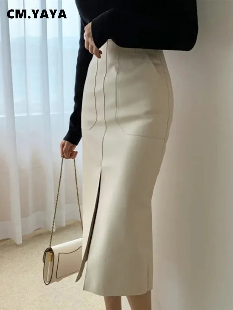 CM.YAYA Women High Waist PU Leather Vintage Straight Split Skirt 2025 Winter Street Pockets Basic Club Party Long Midi Skirts