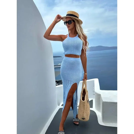 Customized Customized Women Swimsuit Cover Up Beach  Dress Robe Beachwear High Split Sheer Bikini Cover-ups 2 Pieces Set Knittin