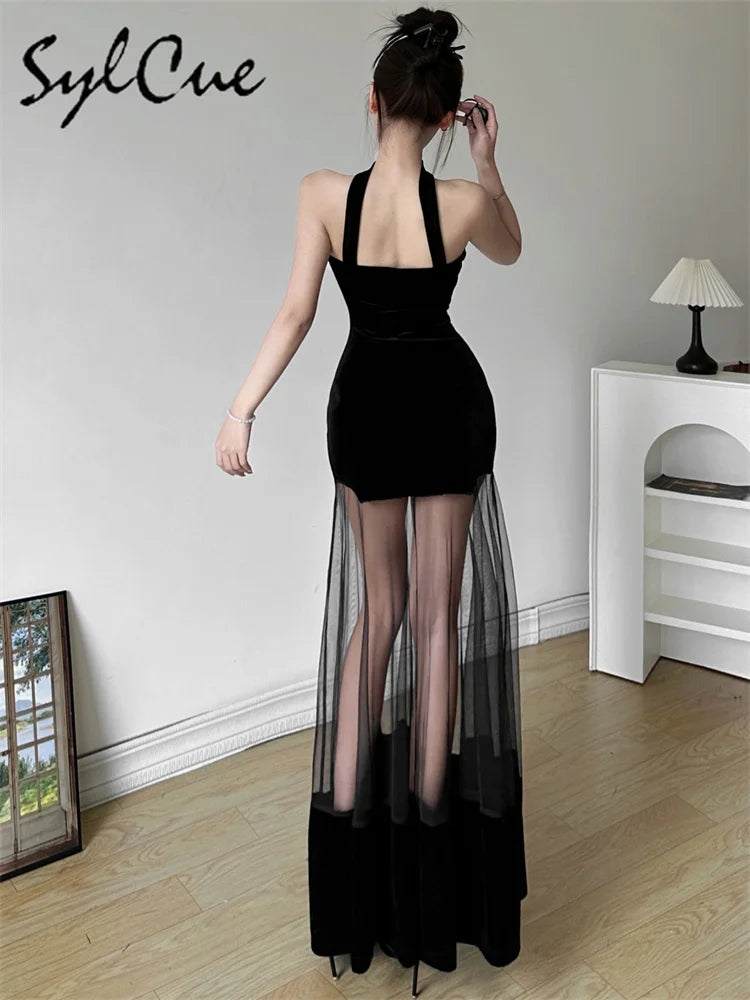 Sylcue Winter Party Black Mysterious Sexy Mature Beautiful Elegant Graceful Sweet Gentle Women'S Halter Tulle Stitching Dress