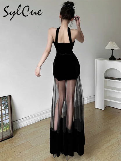 Sylcue Winter Party Black Mysterious Sexy Mature Beautiful Elegant Graceful Sweet Gentle Women'S Halter Tulle Stitching Dress