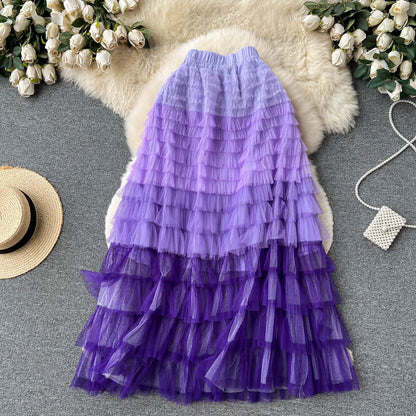 Voille Skirts Women Gradient Y2k High Waist Elastic Jupe Ladies Tulle Mujer Faldas Ruffles Long Female Mesh Skirt Dropshipping