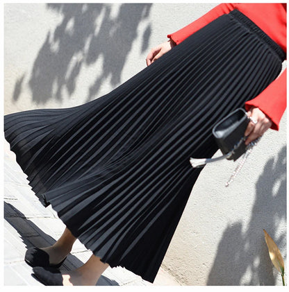 Womens Chic Pleated Swing Long Skirt with Liner Korean Fashion Kawaii Elastic High Waist OL Chiffon Shirring Mermaid Skirts K77