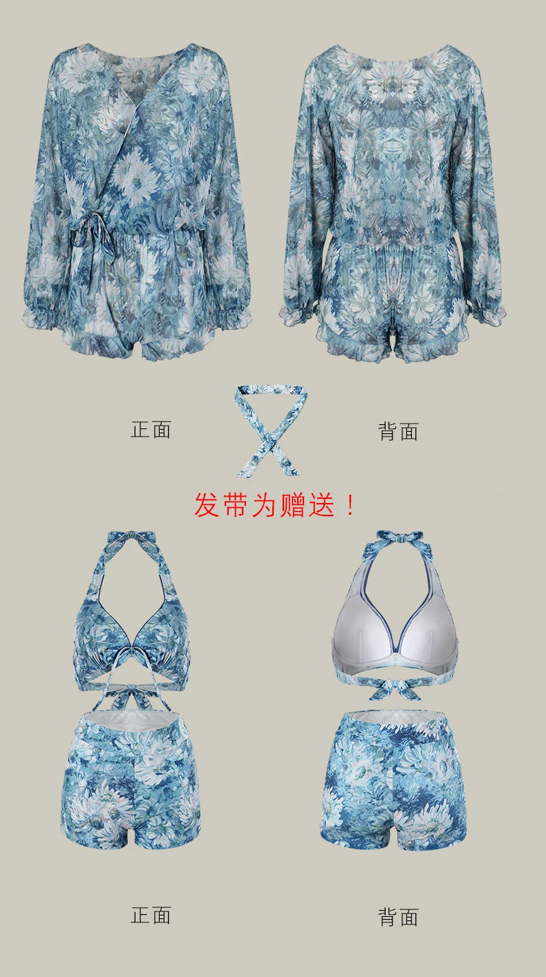 Swimsuit 4 Pieces Bikini Sets Women Swimwear Printed Underwired Mesh Long Sleeve Cover Up High Waist Shorts Headband 2023 New