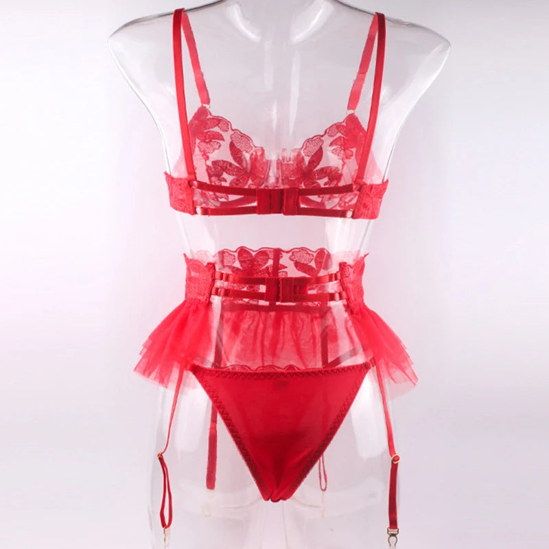 Lingerie Set Women Sexy Underwear Push Up Strappy Embroidered Mesh Sheer Lingerie Set See Through Panty Bra 3 Piece Langerie
