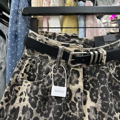 Vintage Broken Holes American-style Denim Shorts Women Casual High Waist Sexy leopard print Female Summer Baggy wide-legged hot