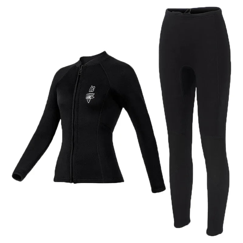Women's 3mm Two-Piece Diving Suit Long Sleeve Coldproof Wetsuit Top Pants for Snorkeling Surfing Swimming