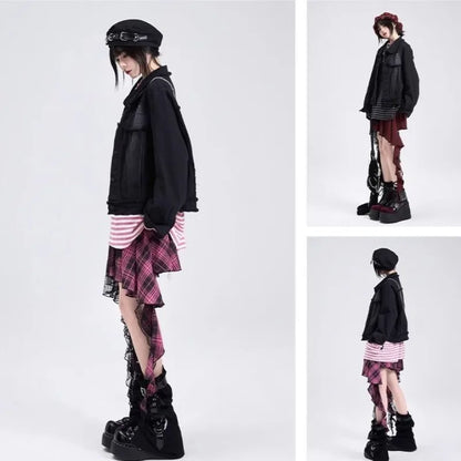 Y2K Skirts for Women Japanese Sweet Harajuku Mujer Faldas Punk Irregular Aesthetic Skirt Gauze Patch Plaid Vintage Faldas