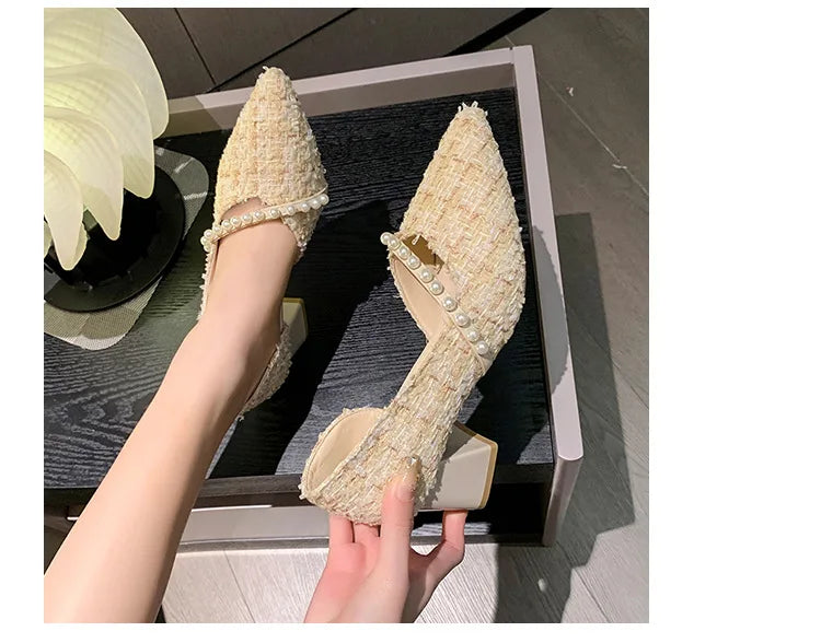 Woman Sexy High Heels New Elegant Wedding Dress Shoes Ladies Shallow Office Party Shoes Tweed Style Side Hollow Single Shoes