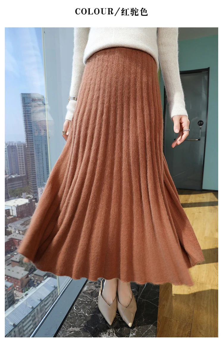 mink cashmere skirt Fashion long dress women A-line skirt autumn winter loose pleated skirt elegant high-waisted skirt ladies
