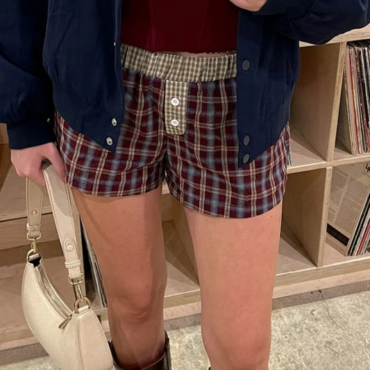 Women Y2K Vintage Plaid Boxers Shorts Casual Buttons Elastic Waist Short Pants Streetwear Lounge Bottom Loose Shorts