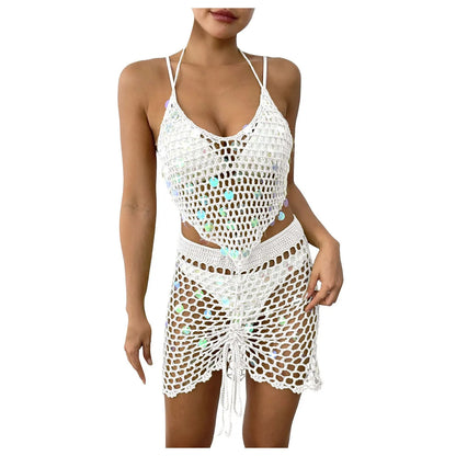 Hollow Out Crochet Bikini Two-Piece Cover Up Shirt Womens' Swimwear Set Sequin Splicing Vacation Beach Set Summer Swimsuits