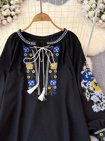 2026 Spring Retro Embroidered Shirt Top Female Lace Up Tassel Loose Lantern Sleeves Ethnic Style Blouse Female A70