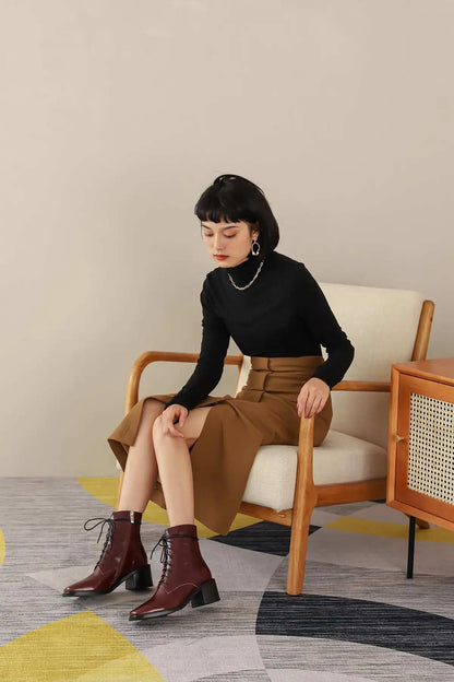 Krazing Pot 2025 Hot Sale Genuine Leather Square Toe Chelsea Boots High Heels Winter Season Lace Up Superstar Ins Ankle Boots