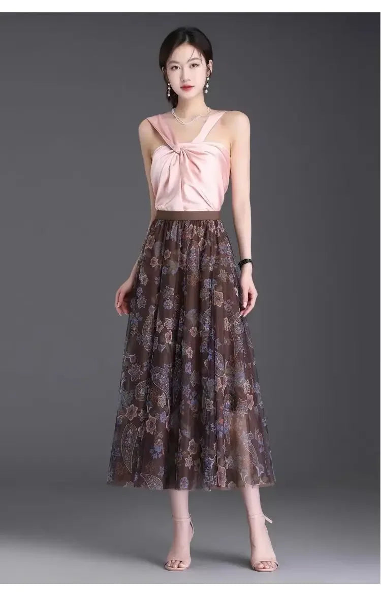 2025 High-waisted Slim Printed A-line Large Hem Skirt with Long Skirt Temperament, Fashionable and High-end