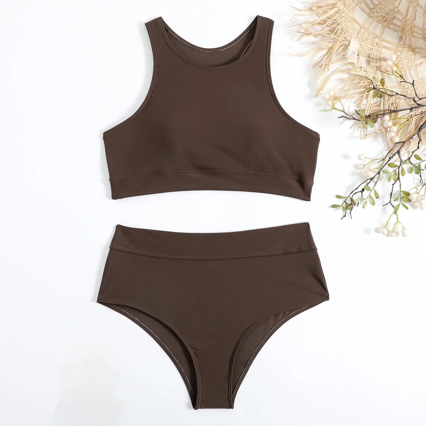 Women'S Solid Color Tank Top Swimsuit Ladies Split High Waist Swimsuit Two-Piece Set Traje De BañO Mujer Biquinis Feminino