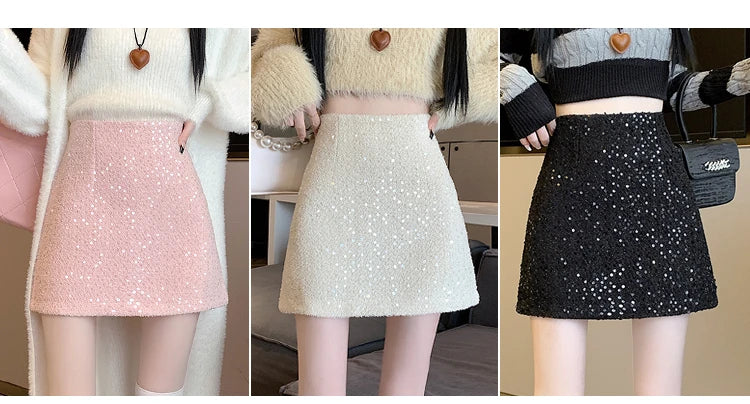 Fashion Y2K Streetwear Winter Mini Skirt Women Glitter Sequin Bodycon Tweed Skirts With Shorts A-Line Pink White Black Faldas